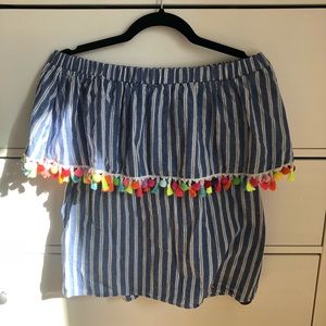 Pin Striped Off The Shoulder Pom Pom Top